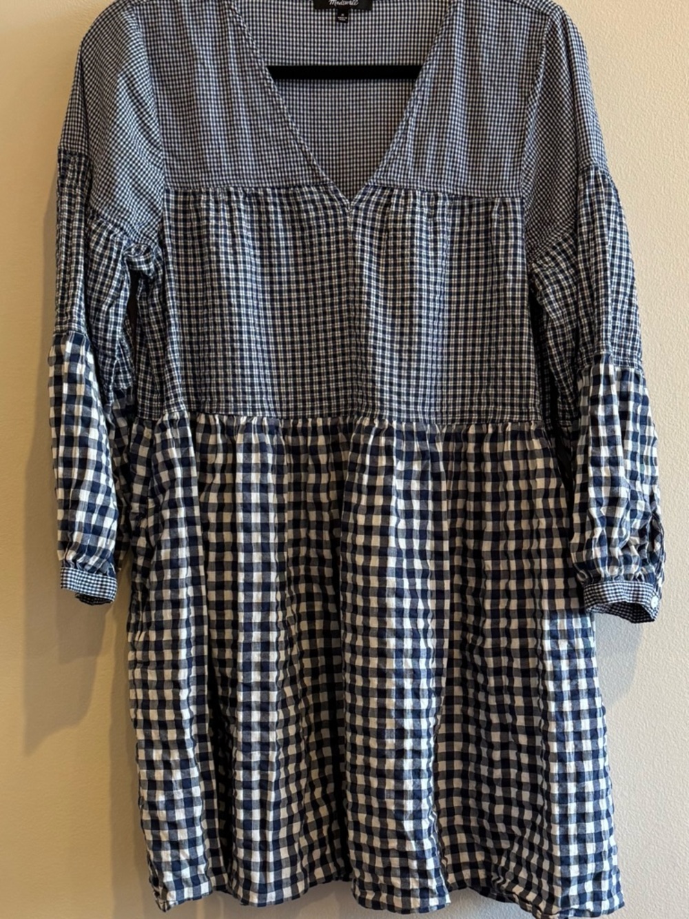 Blue and White Gingham Mixed-Check Tunic Dress